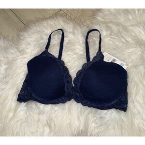 Natori 730023 Feathers Contour Plunge Bra Lace Mesh UW Womens 34C Blue New